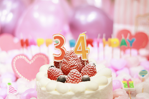フリー写真画像『オシャレな誕生日画像：可愛いケーキとキャンドルでお祝い〜34歳編〜』[ID:3225]