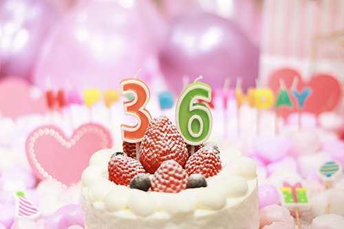 フリー写真画像『オシャレな誕生日画像：可愛いケーキとキャンドルでお祝い〜36歳編〜』[ID:3245]