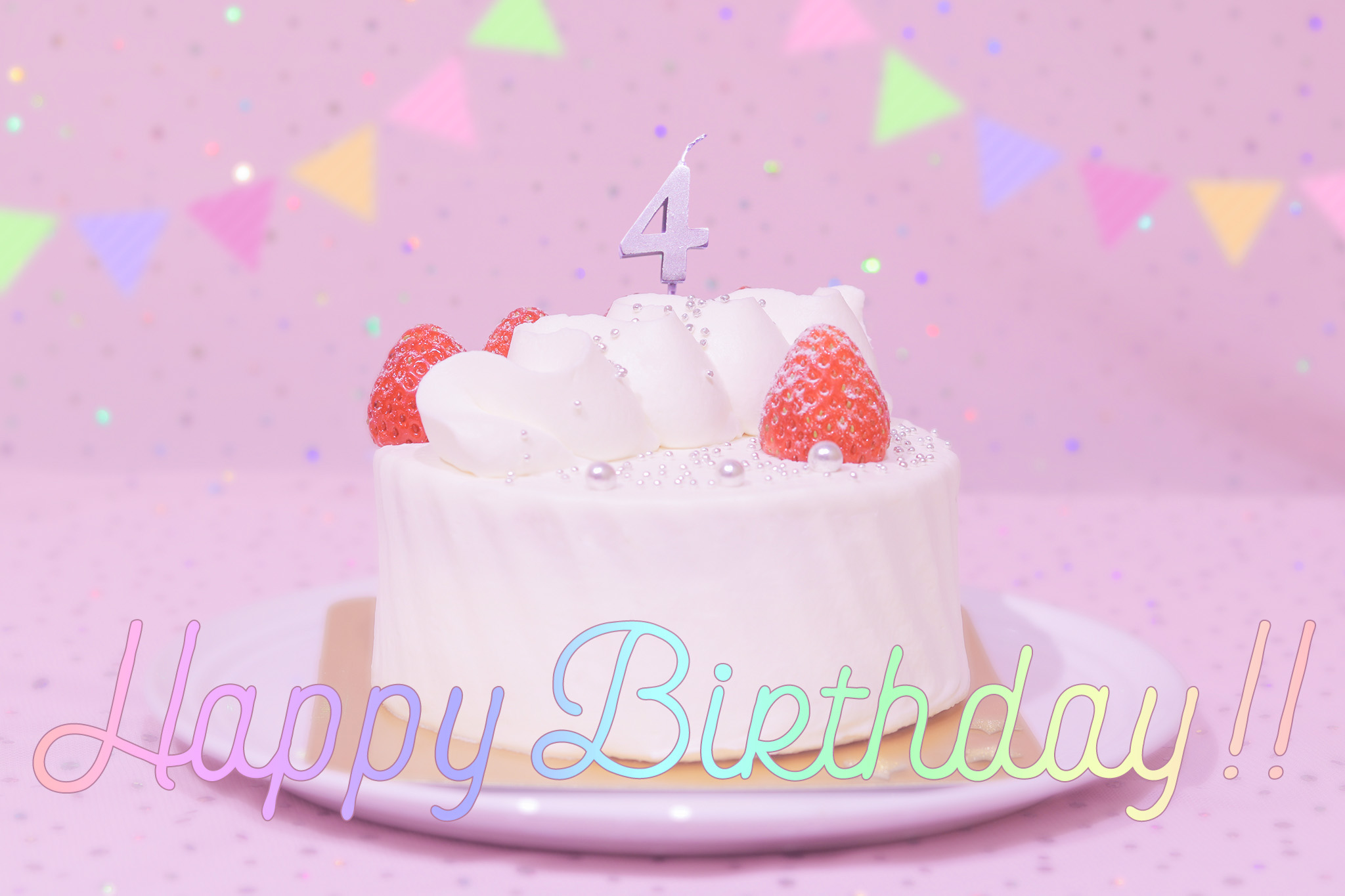 フリー写真画像『かわいい誕生日画像：ケーキとパステルカラーで可愛くお祝い♡〜4歳編〜』[ID:8748]