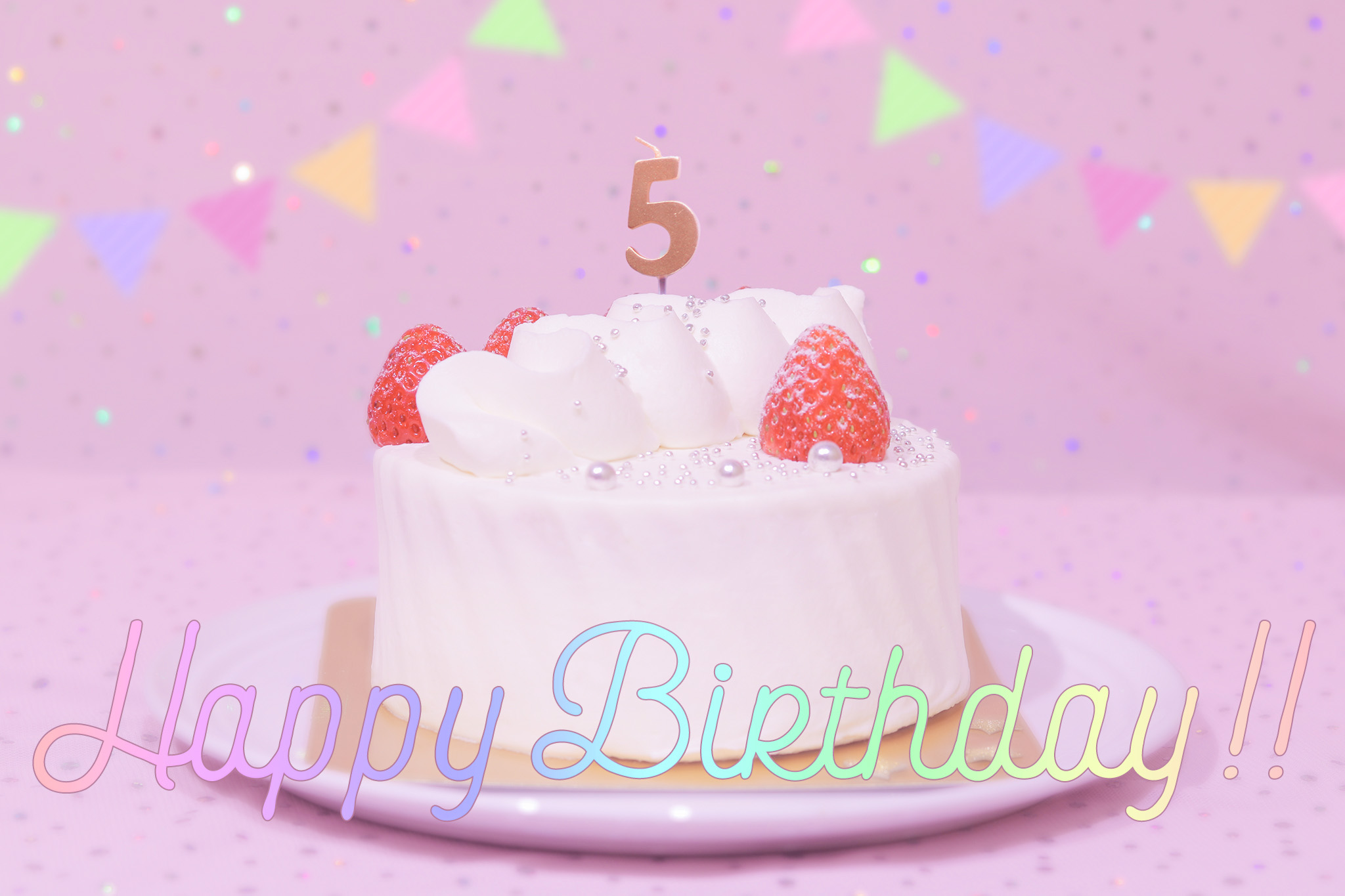 フリー写真画像『かわいい誕生日画像：ケーキとパステルカラーで可愛くお祝い♡〜5歳編〜』[ID:8749]