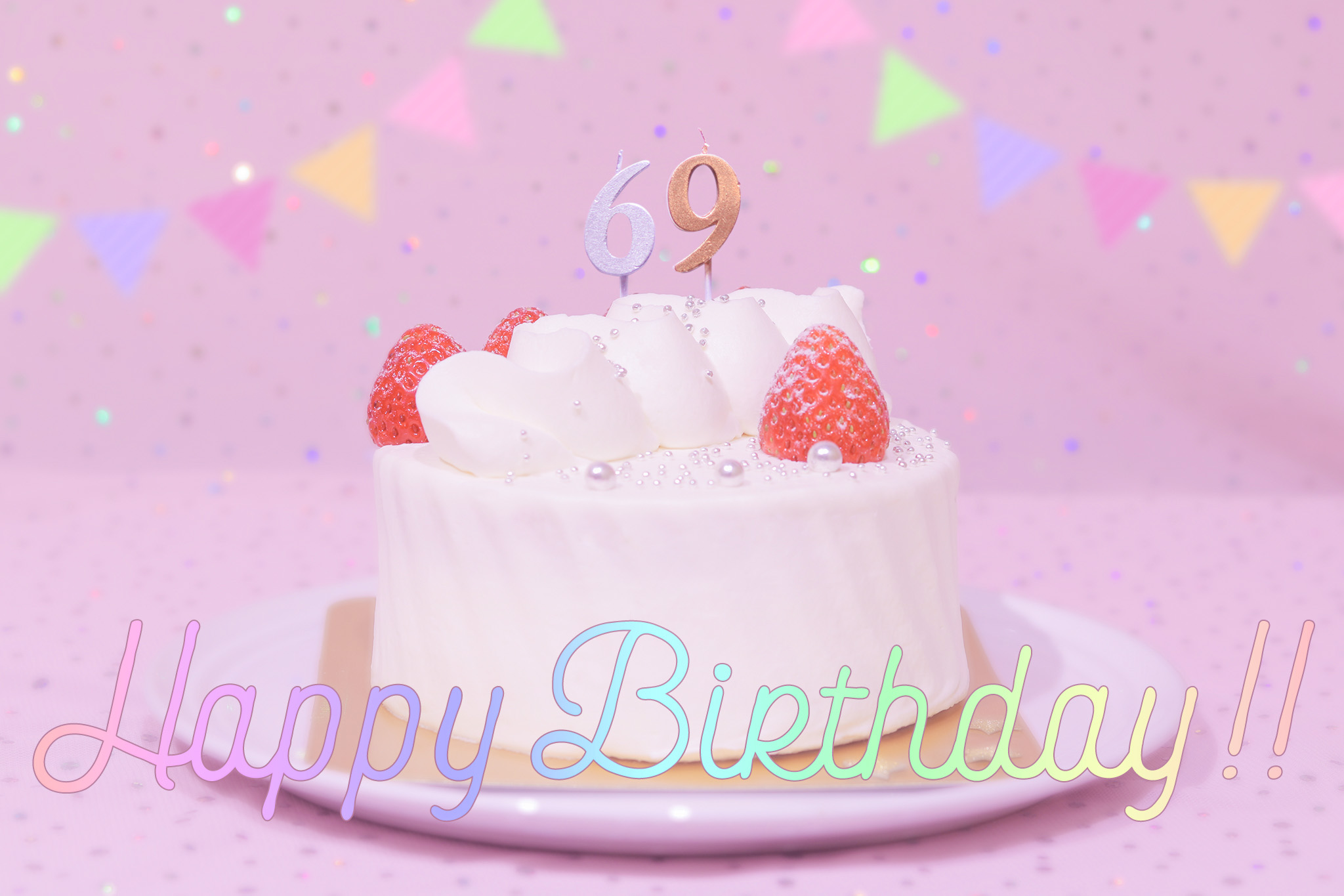 フリー写真画像『かわいい誕生日画像：ケーキとパステルカラーで可愛くお祝い♡〜69歳編〜』[ID:8814]
