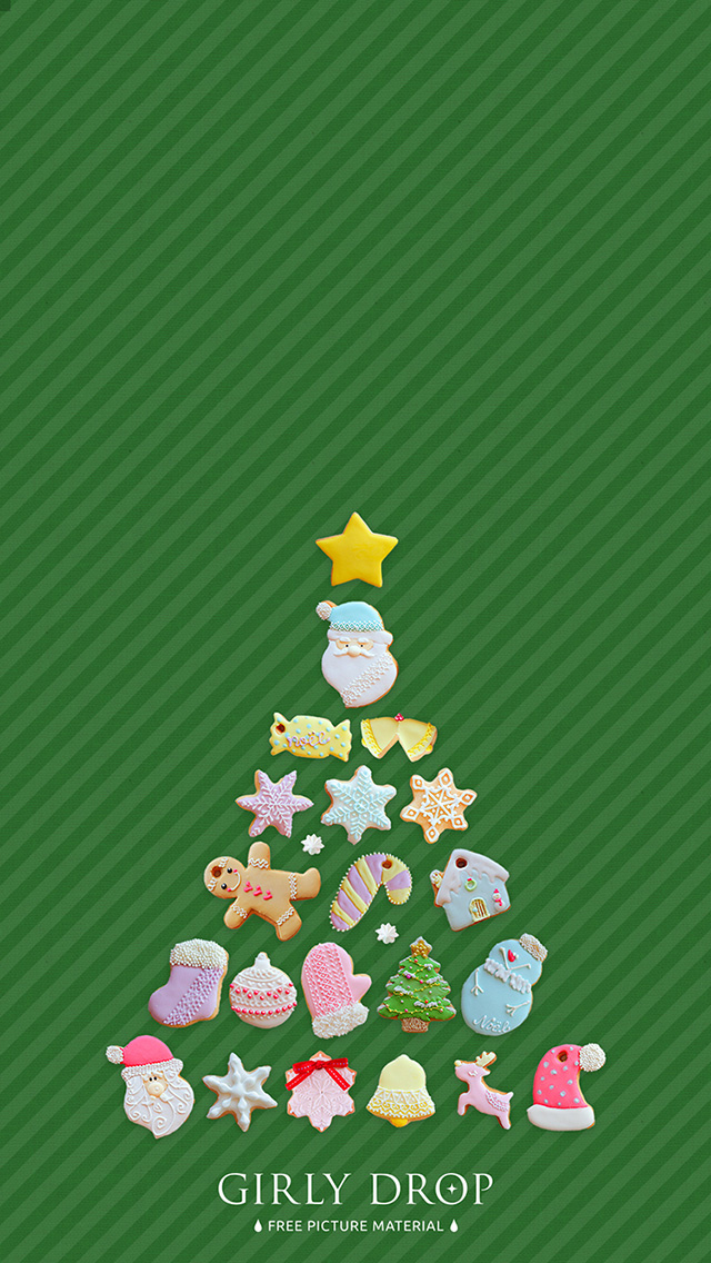フリー写真画像『【オシャレなiPhone壁紙】クリスマスツリーの形に並んだ可愛いアイシングクッキー達』[ID:10744]