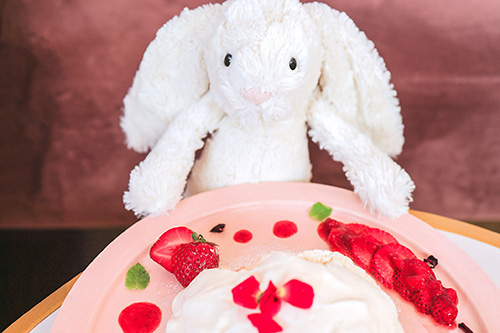 フリー写真画像『美味しそうなケーキに感動しているようなウサギのぬいぐるみ』[ID:13207]