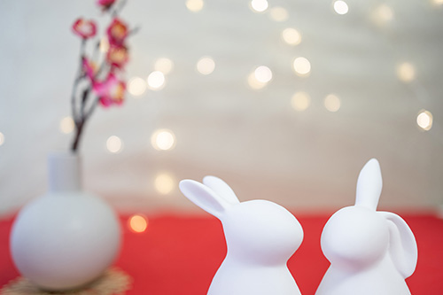 フリー写真画像『二羽のウサギとおしゃ花瓶の梅』[ID:13898]