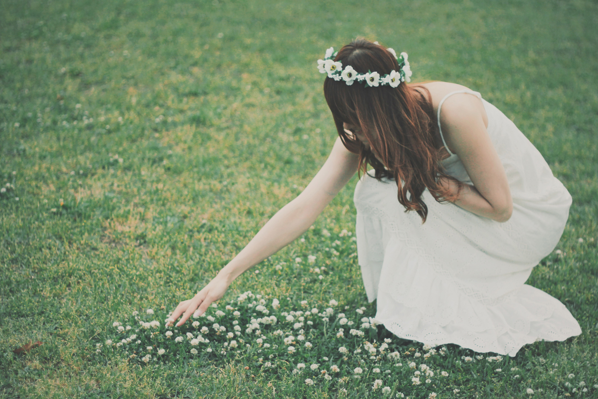草原で花を摘む女の子のフリー画像 おしゃれなフリー写真素材 Girly Drop